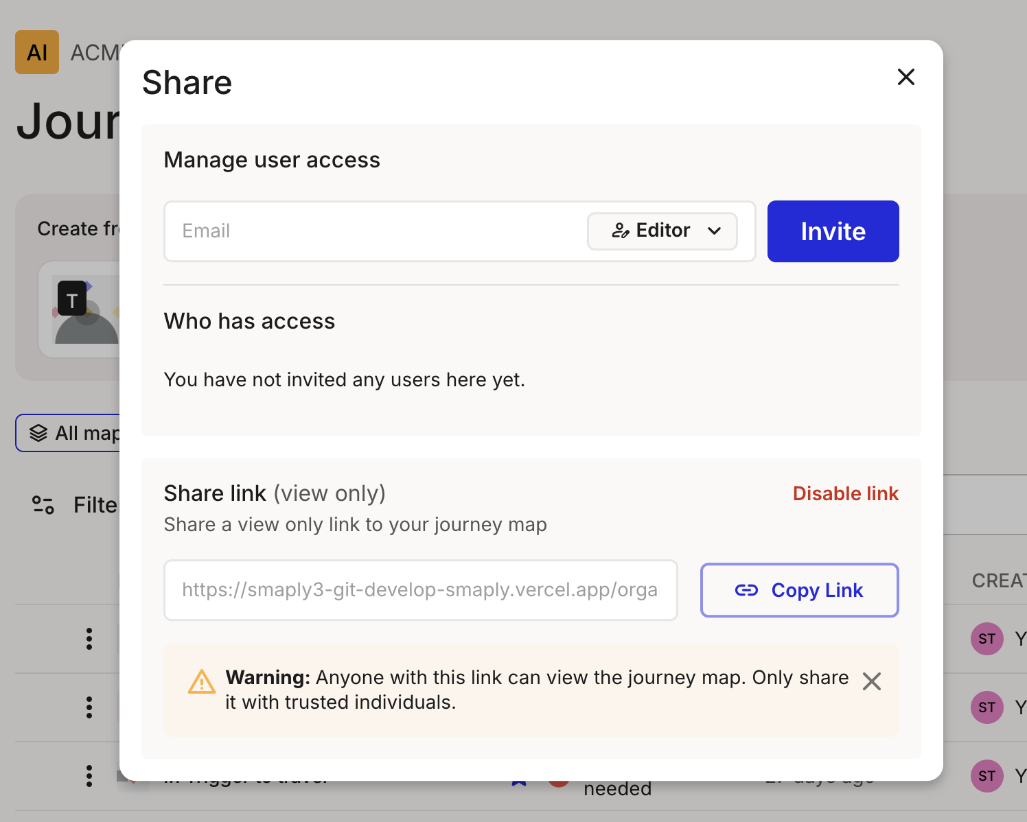 The Share link panel with Password required enabled, showing a Generate action, the masked password field with reveal and copy icons, the eight-character-minimum rule, and a Save button.