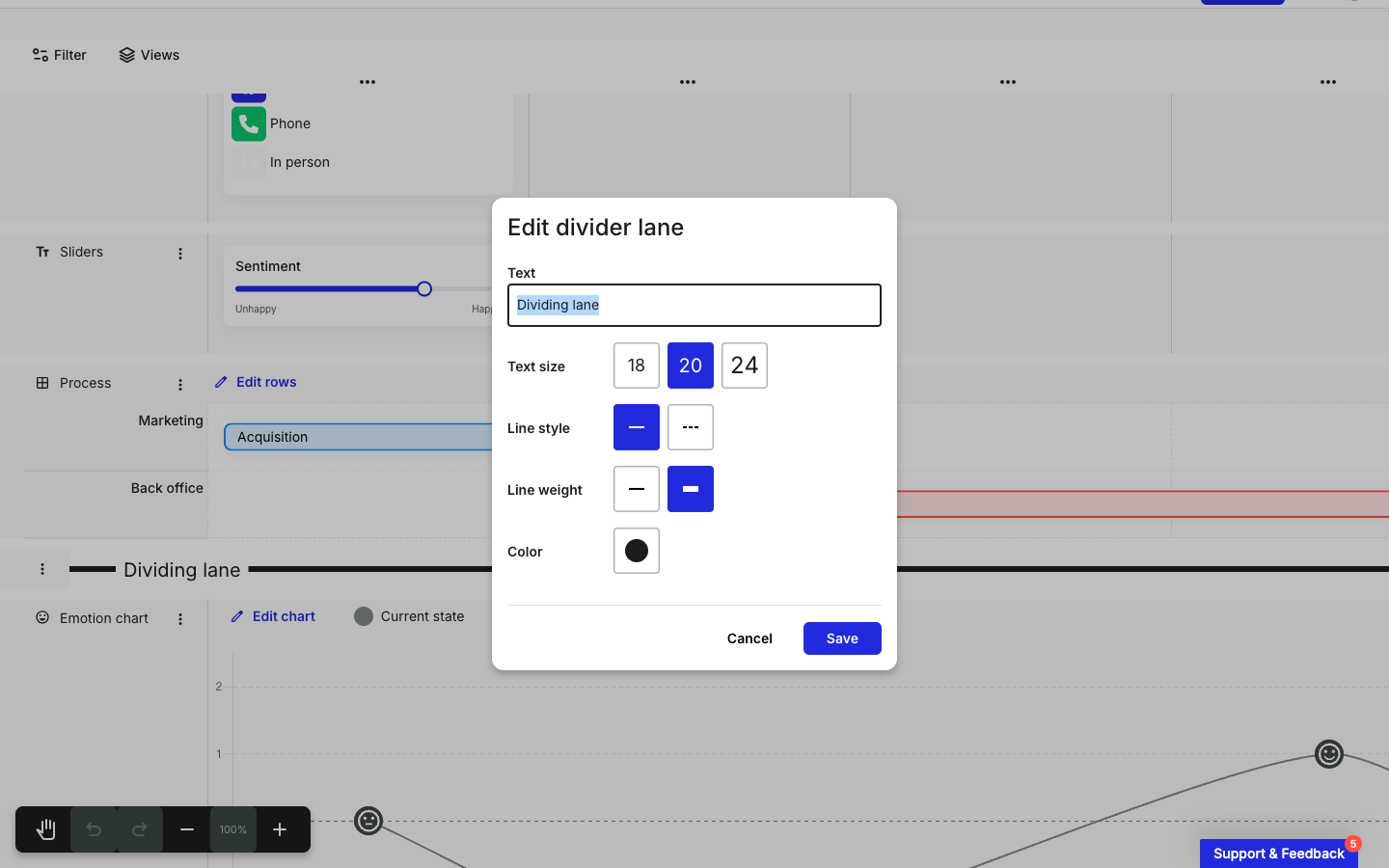The Edit divider lane modal with a Text field reading Dividing lane, a Text size control offering 18, 20, and 24 with 20 selected, a Line style control offering solid and dashed with solid selected, a Line weight control offering thin and thick with thick selected, a black Color swatch, and Cancel and Save buttons.