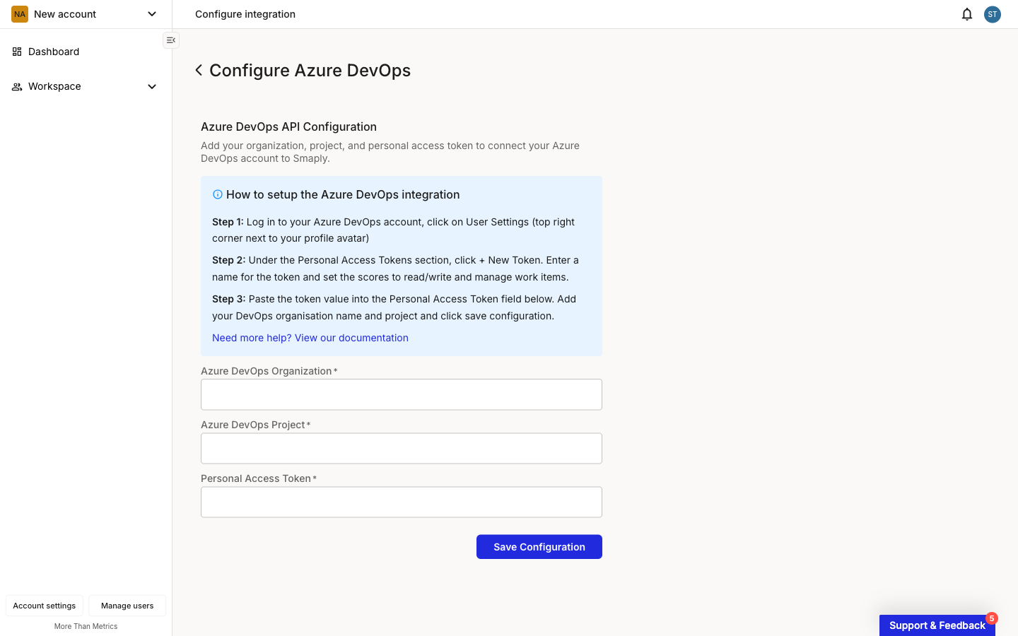 The Configure Azure DevOps page in Smaply. An Azure DevOps API Configuration form shows three empty required fields labelled Azure DevOps Organization, Azure DevOps Project, and Personal Access Token, with a blue help block above listing three setup steps and a Save Configuration button below.