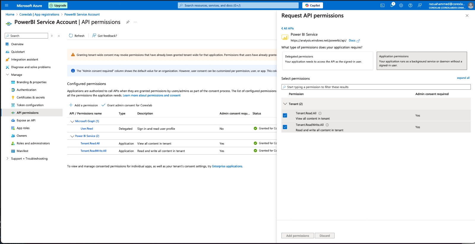 Azure API permissions pane with the Request API permissions side panel open. Power BI Service is selected, the Application permissions tab is active, and Tenant.Read.All is shown alongside Tenant.ReadWrite.All under the Tenant group.