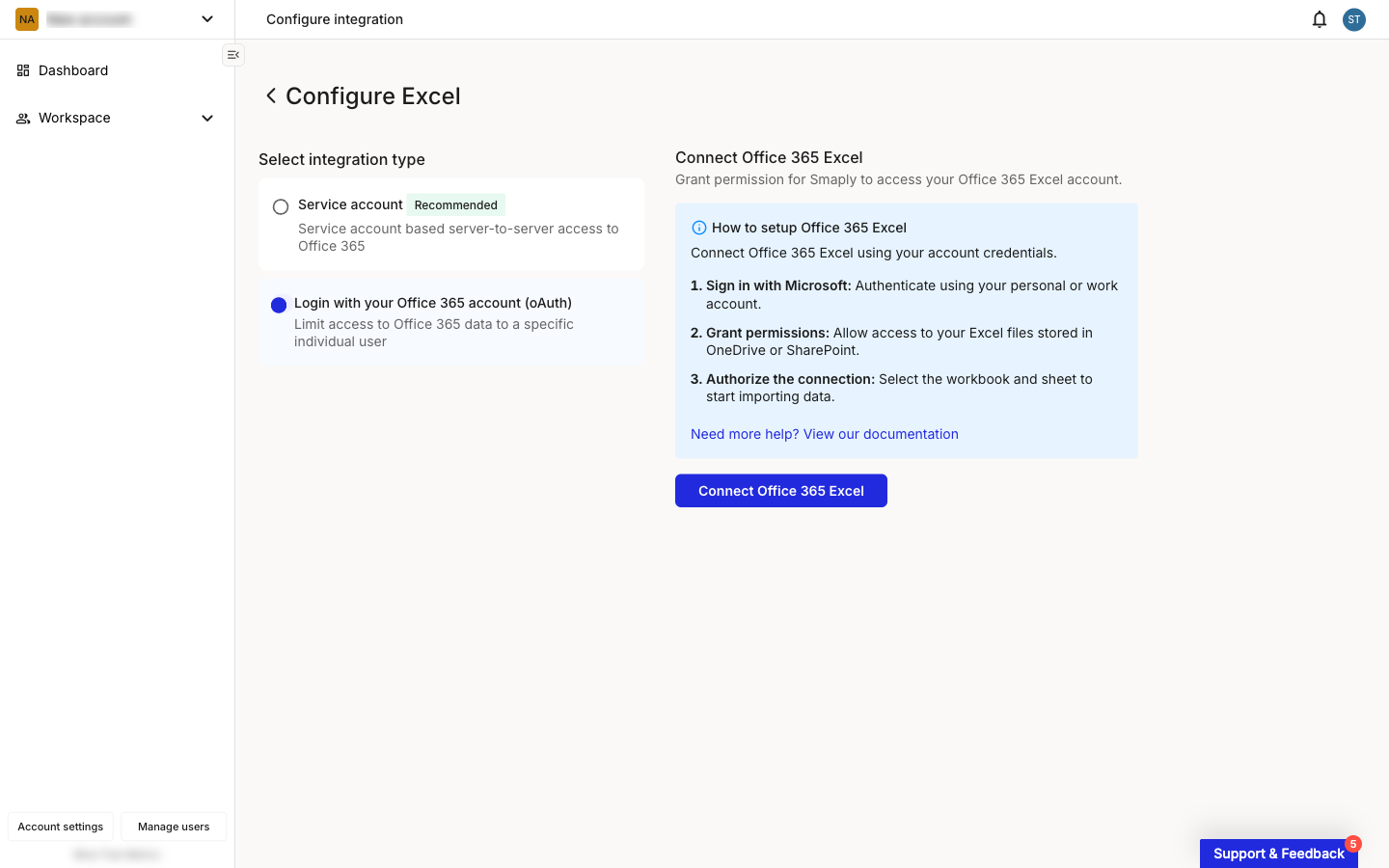 Configure Excel page with Login with your Office 365 account (oAuth) selected. The right pane shows Connect Office 365 Excel with a How to setup Office 365 Excel info panel listing three numbered steps and a Connect Office 365 Excel button below.