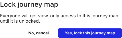 The Lock journey map confirmation dialog. The body reads 'Everyone will get view-only access to this journey map until it is unlocked.' with buttons labelled No, cancel and Yes, lock this journey map.