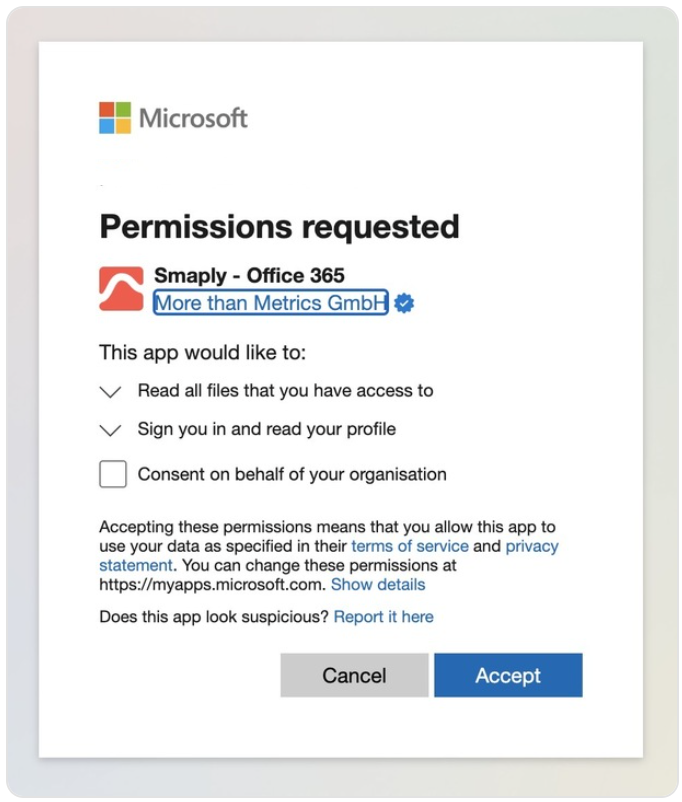 Microsoft Permissions requested consent screen for the Smaply Office 365 app from More than Metrics GmbH, requesting access to read all files you have access to and to sign you in and read your profile, with Cancel and Accept buttons.