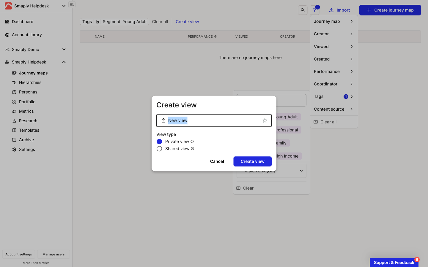 The Create view dialog over a filtered journey maps list. It has a name field with a lock icon and a favorite star, a View type section with two radio options, Private view (selected) and Shared view, and Cancel and Create view buttons. Above the dialog, the active-filter bar shows a Tags filter pill, Clear all, and a Create view link.