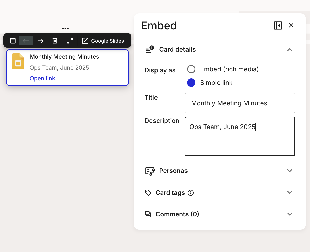 Description field in the link-only embed card view