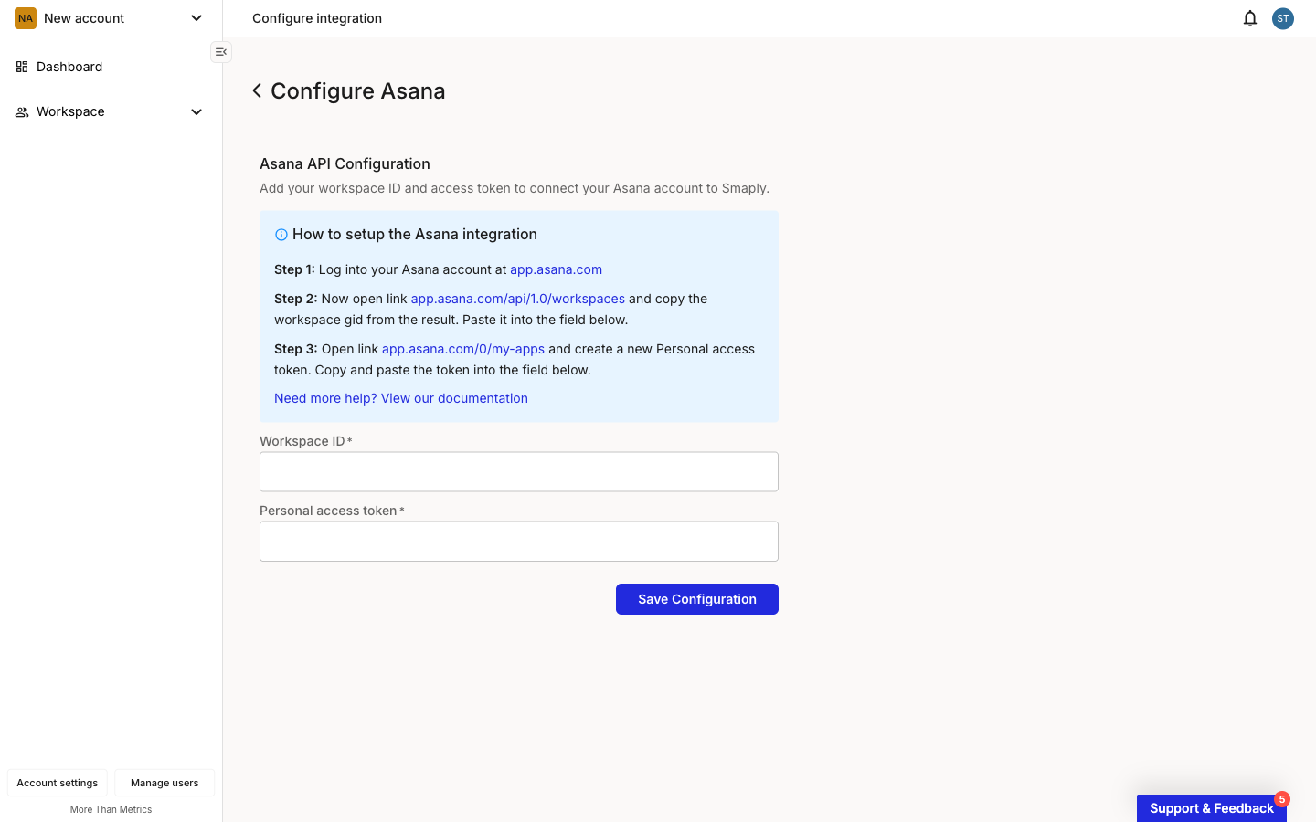 The Configure Asana page in Smaply. An Asana API Configuration form shows two empty required fields labelled Workspace ID and Personal access token, with a blue help block above listing three setup steps and a Save Configuration button below.