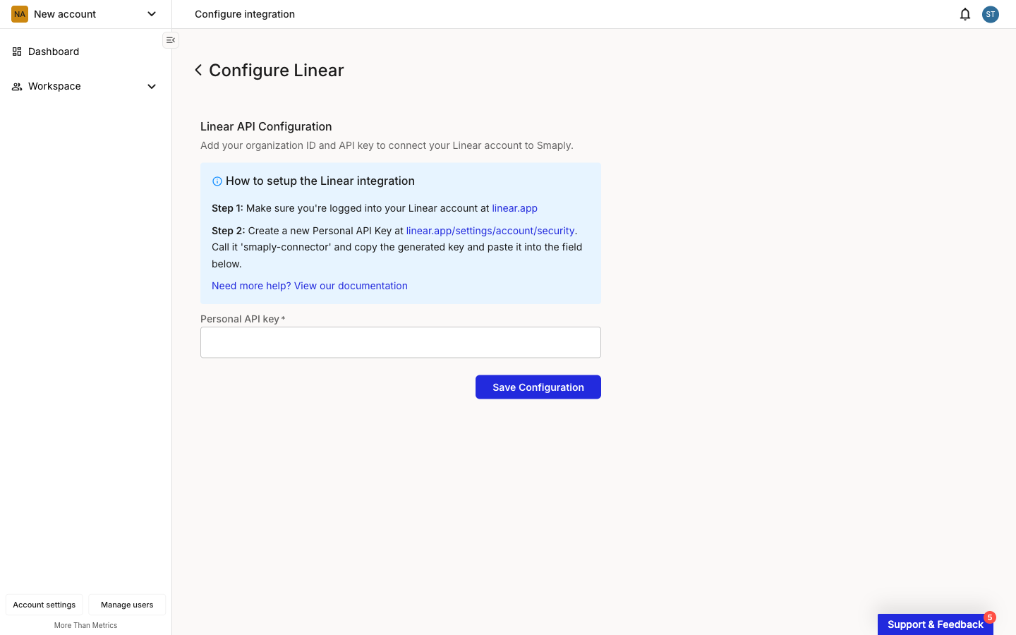 The Configure Linear page in Smaply. A Linear API Configuration form shows one empty required field labelled Personal API key, with a blue help block above listing two setup steps and a Save Configuration button below.