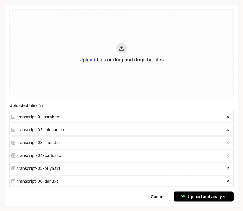 The upload screen with six transcripts queued under the heading 'Uploaded files (6)', each row showing a document icon, the .txt filename, and an X remove control. The Upload and analyze button is active at the bottom right.