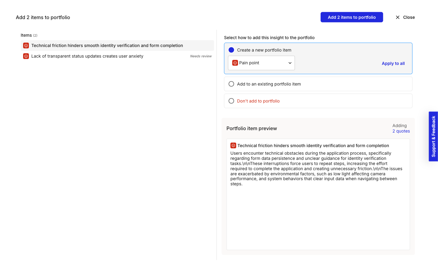 The Add items to portfolio screen. A left panel lists the selected insights; the right panel offers Create a new portfolio item with a type dropdown and Apply to all, Add to an existing portfolio item, and Don't add to portfolio, plus a portfolio item preview showing the quotes being added.