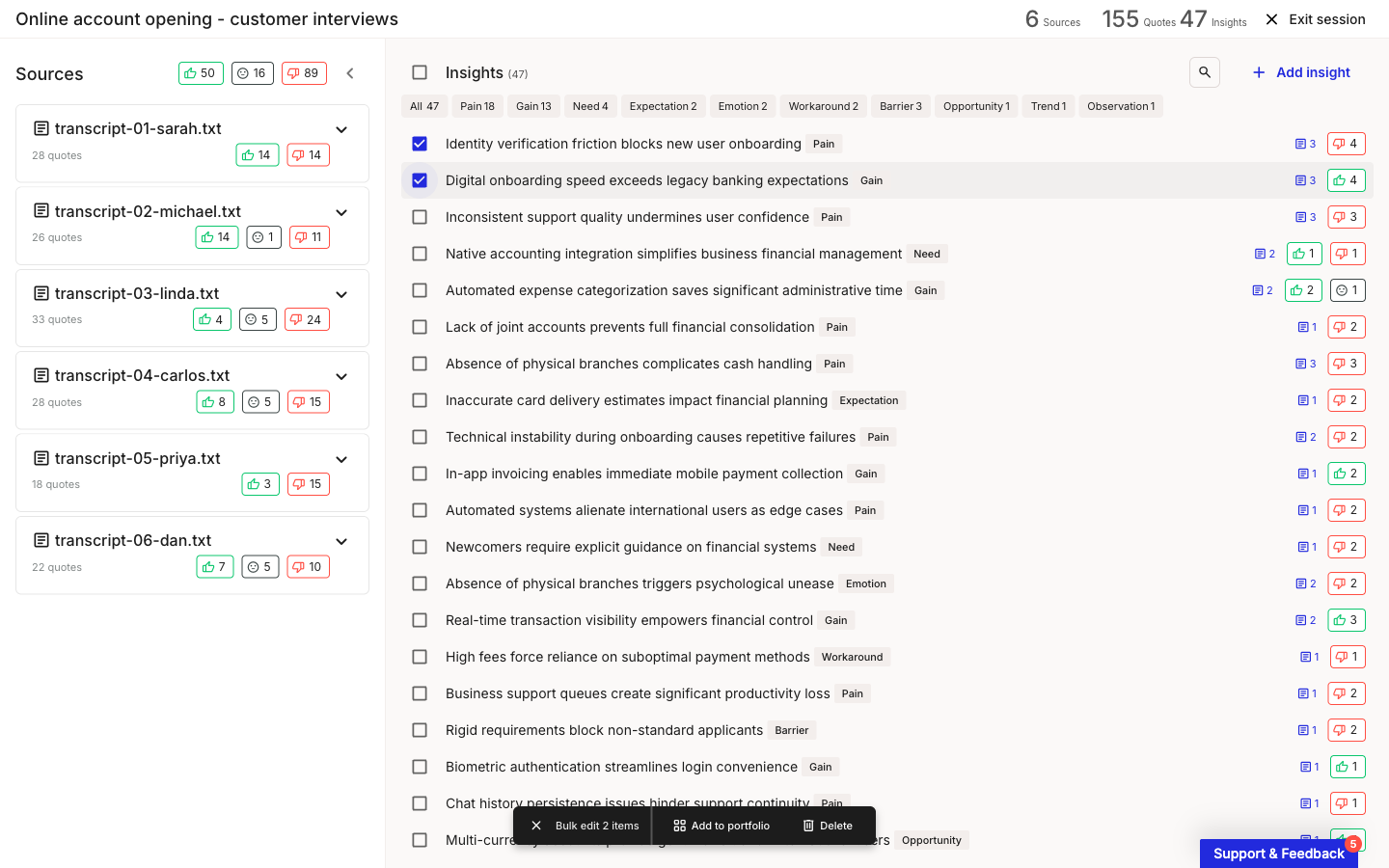 Investigation session view with two insights checked and a Bulk edit bar showing Add to portfolio and Delete actions.