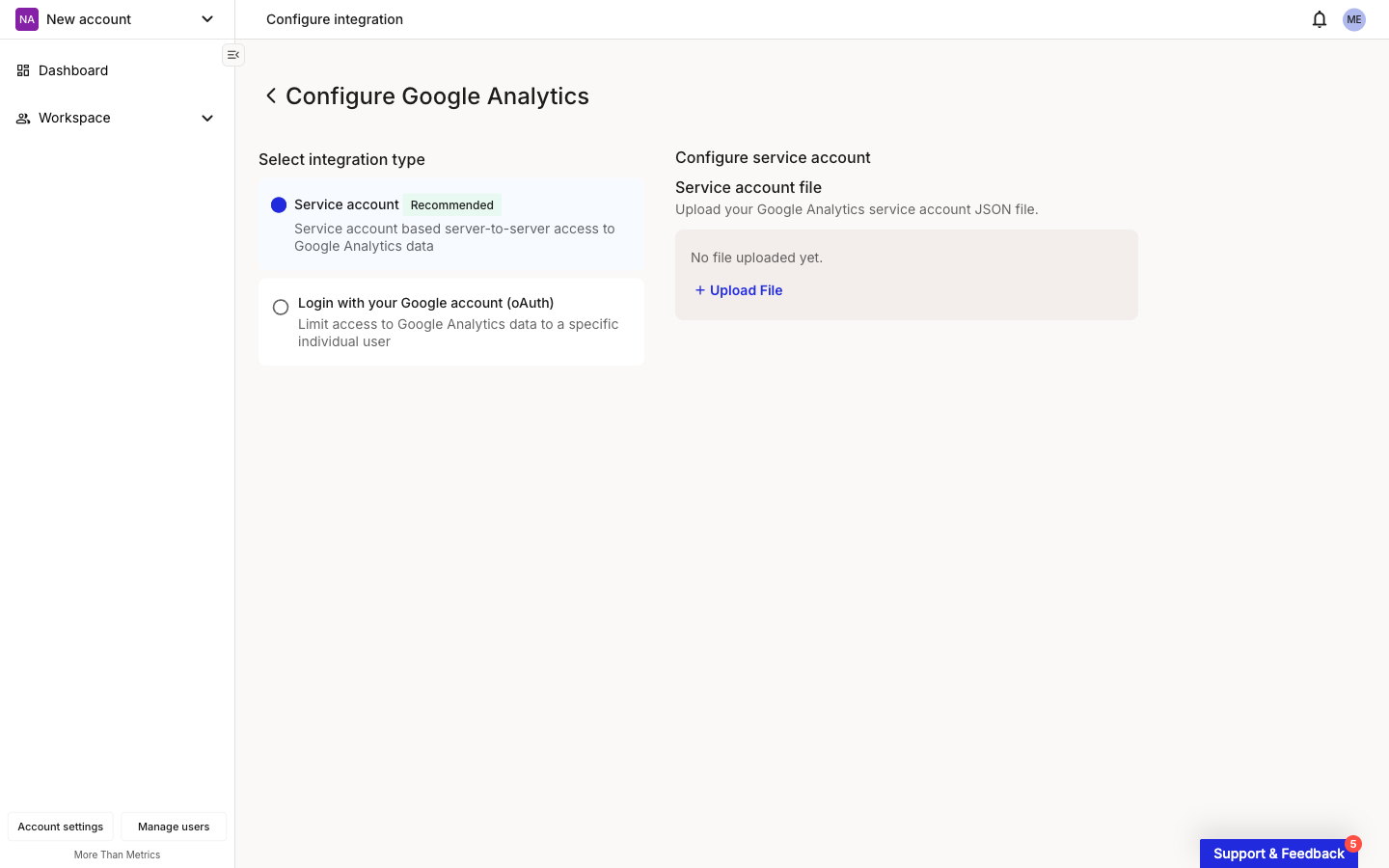Configure Google Analytics page in the unconfigured state. The left pane shows Select integration type with Service account selected (marked Recommended) and Login with your Google account (oAuth) below it. The right pane shows Configure service account with a Service account file label, the instruction Upload your Google Analytics service account JSON file, a No file uploaded yet empty state, and an Upload File button.