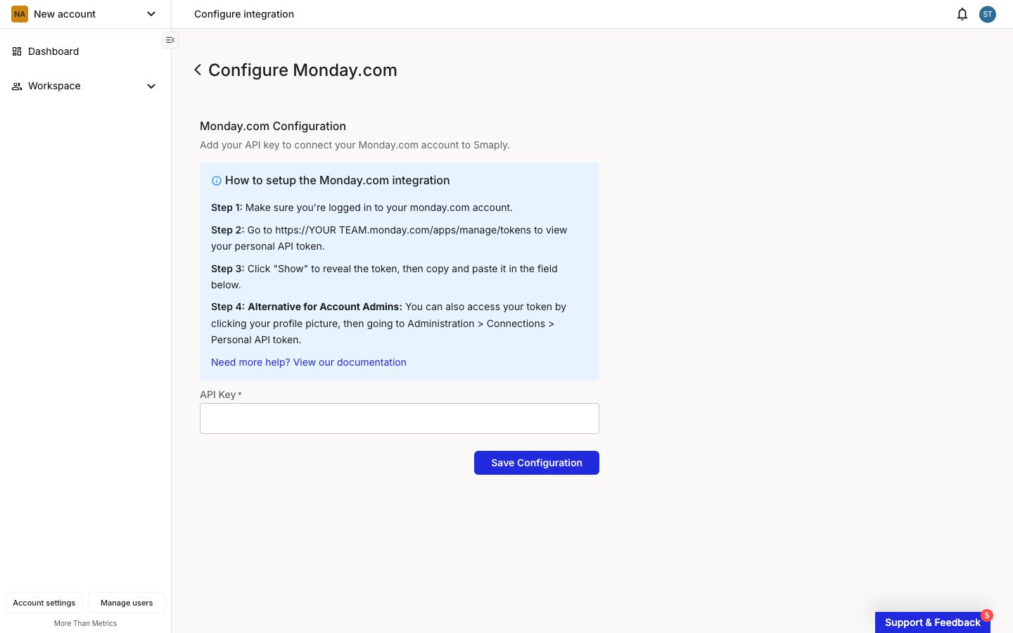 The Configure Monday.com page in Smaply. A Monday.com Configuration form shows one empty required field labelled API Key, with a blue help block above listing four setup steps and a Save Configuration button below.
