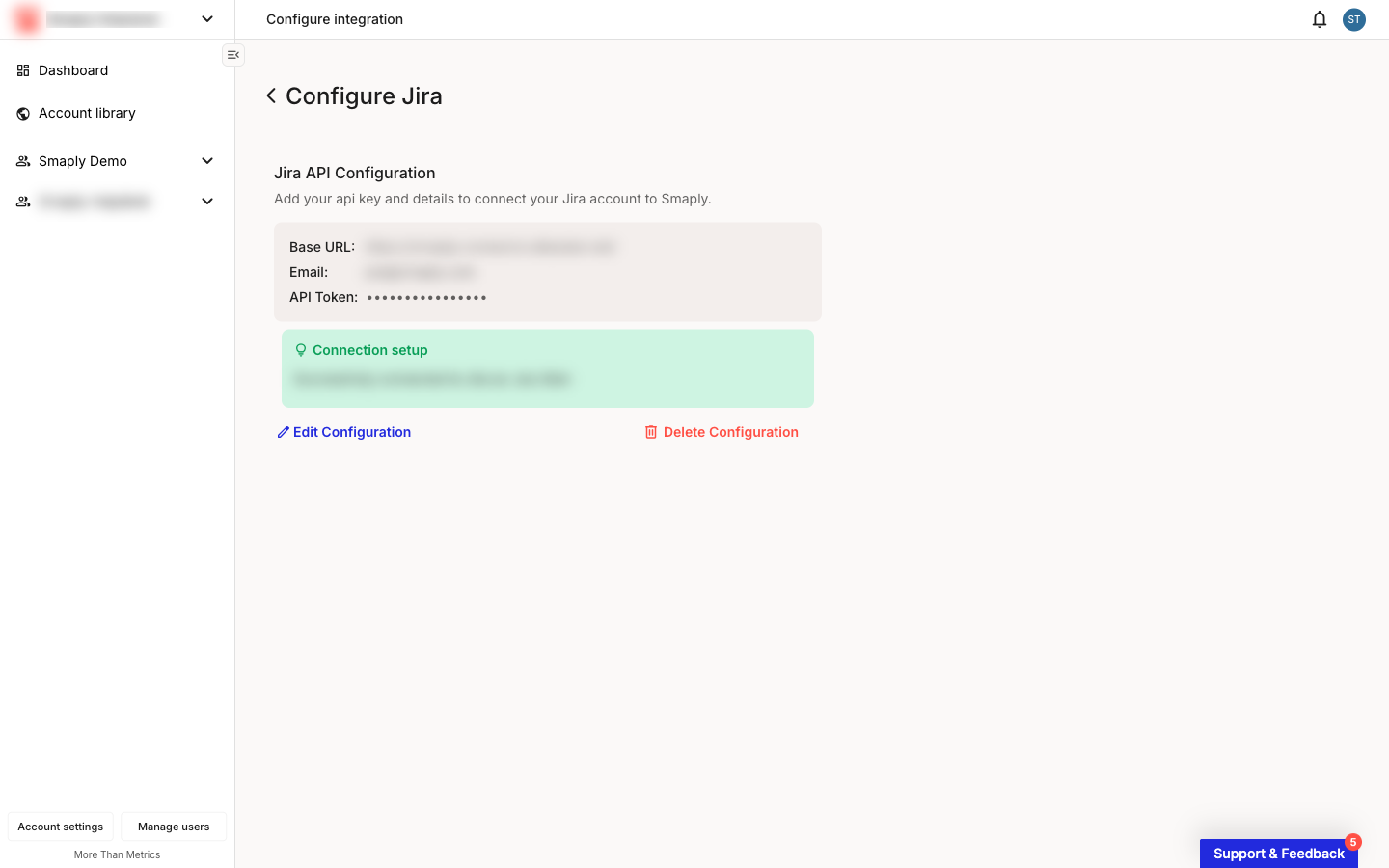The Configure Jira page in Smaply showing a connected integration. The saved Base URL, Email, and masked API Token are listed, with a green Connection setup callout confirming the account is connected to Jira, and Edit Configuration and Delete Configuration actions below.