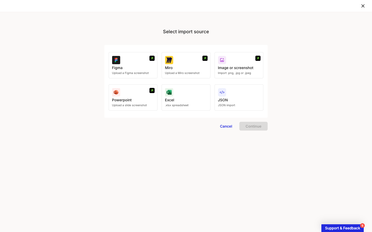 The Select import source modal showing six cards: Figma, Miro, Image or screenshot, and Powerpoint marked with an AI icon, plus an Excel card labelled .xlsx spreadsheet and a JSON card labelled JSON import. Cancel and Continue buttons sit at the bottom.