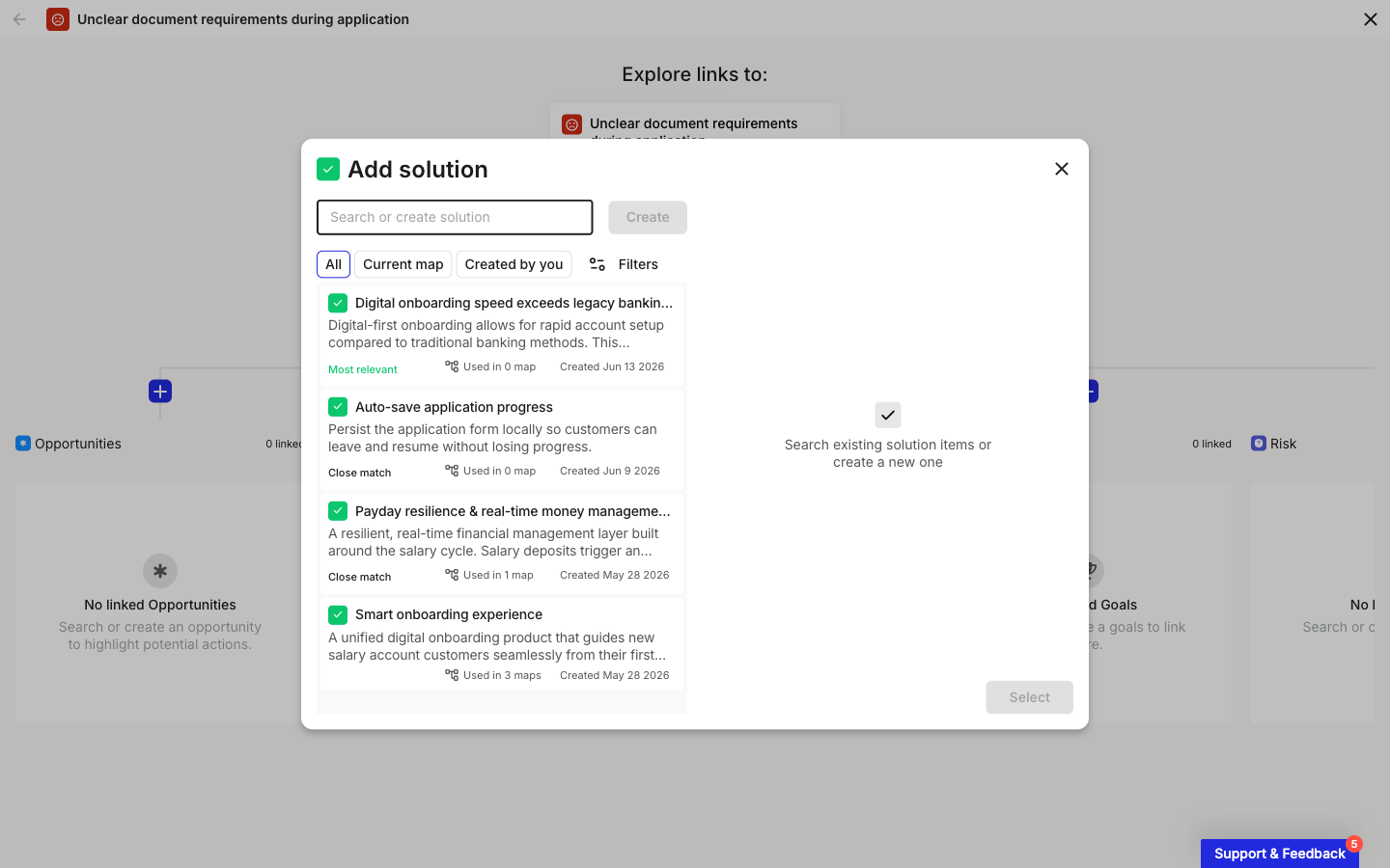A panel titled Add solution, with a search field, All / Current map / Created by you filters, a list of matching items each with a relevance label, and a Select button.