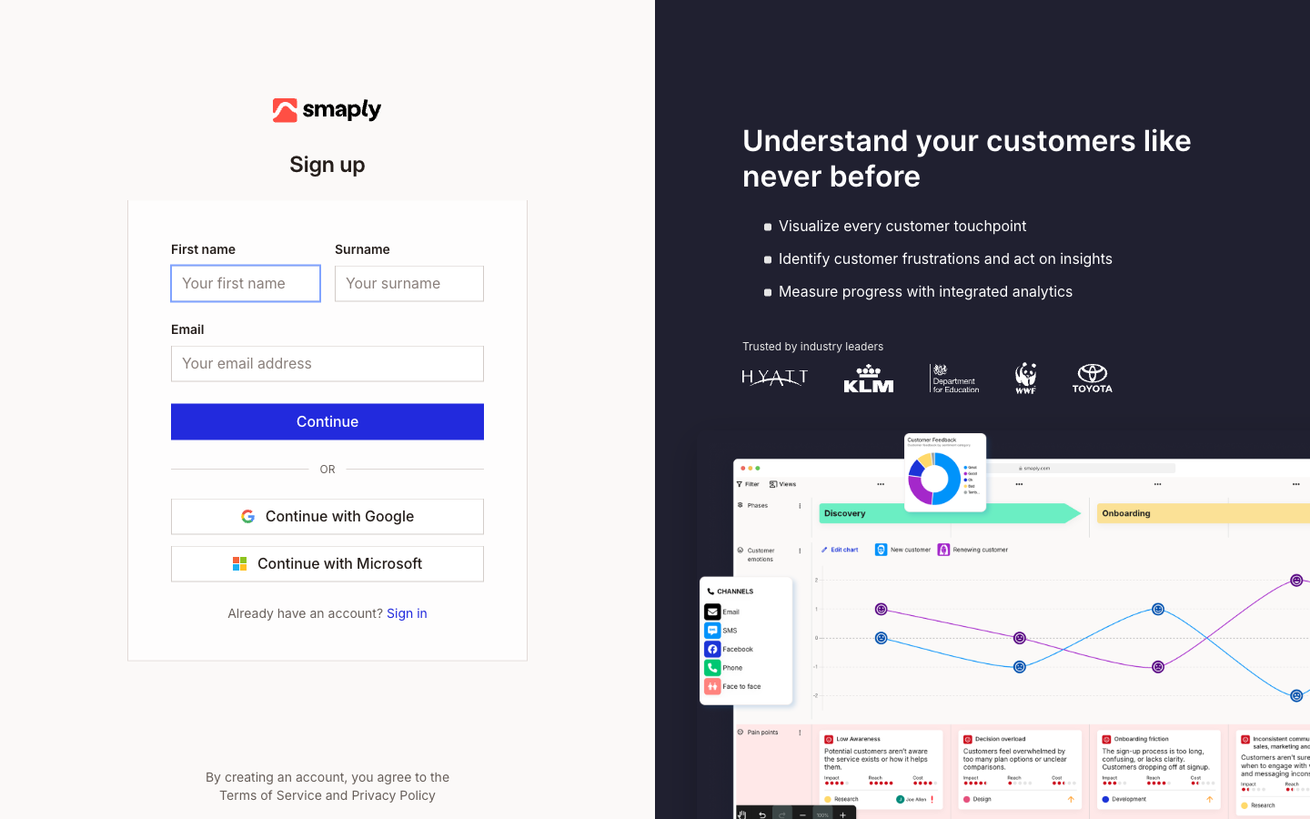 The Smaply sign-up form with First name, Surname, and Email fields, a Continue button, and Continue with Google and Continue with Microsoft options below.