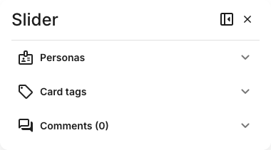 The slider card details panel showing only the universal Personas, Card tags, and Comments (0) sections.