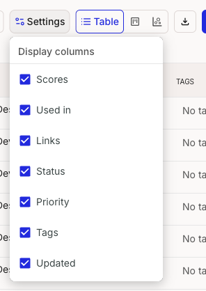 The Display columns menu open from Settings, with checkboxes for Scores, Used in, Links, Status, Priority, Tags, and Updated, all selected.