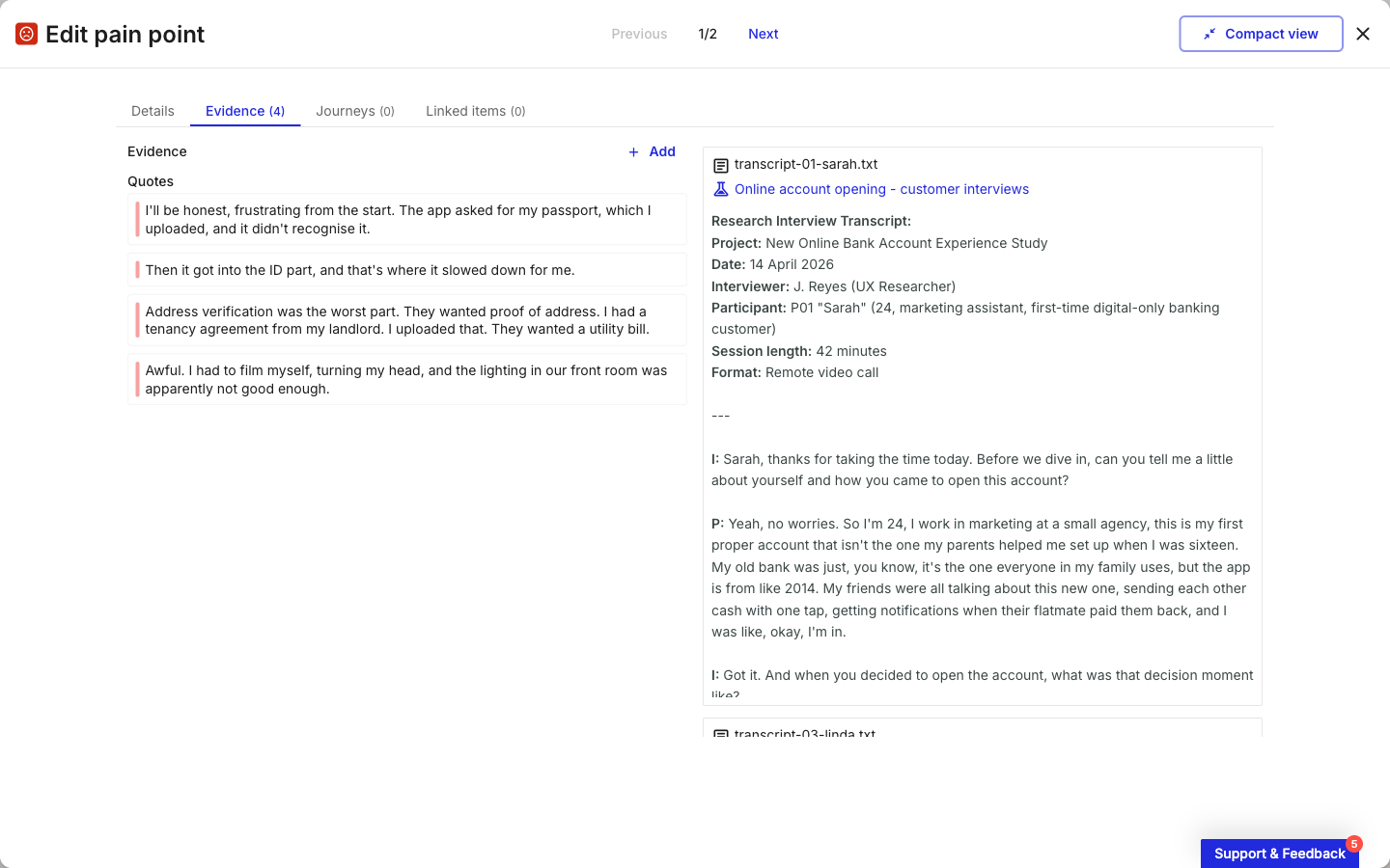 The Evidence tab of a portfolio item promoted from research, listing quotes on the left and the full source transcript on the right with a link back to the investigation.