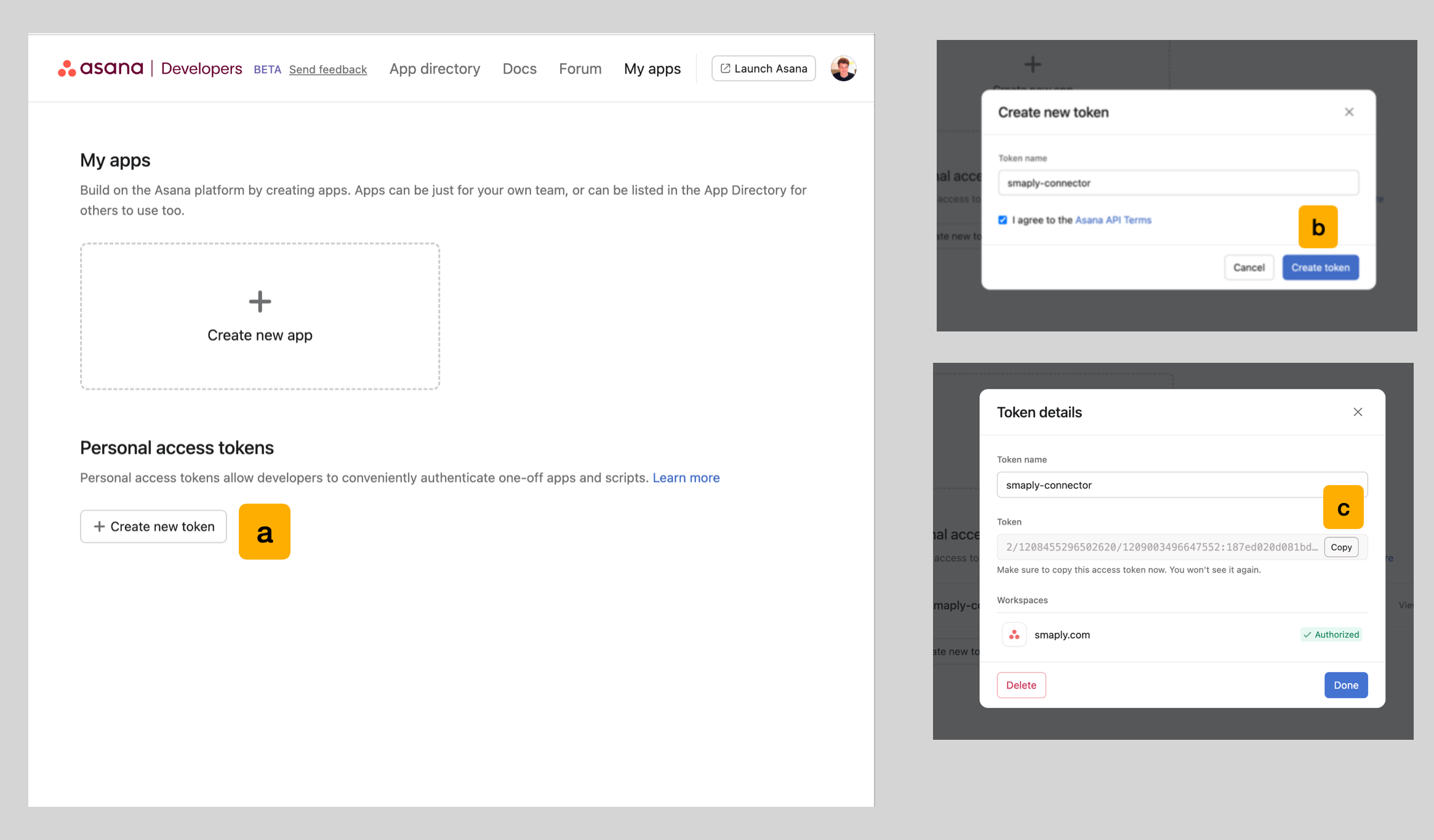 The Asana developer console My apps page. The Personal access tokens section has a Create new token button, the Create new token dialog shows a token name and the Asana API Terms checkbox, and the Token details panel shows the generated token with a Copy button and a warning that it won't be shown again.