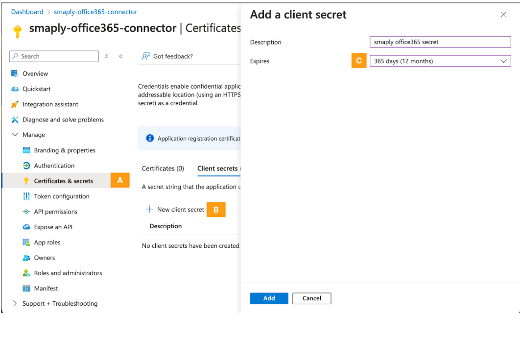 Azure Certificates and secrets page with the Add a client secret panel open, showing a Description field and a 365 days (12 months) expiry.