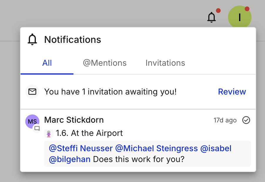 Notifications panel showing mentions, invitations, and help requests