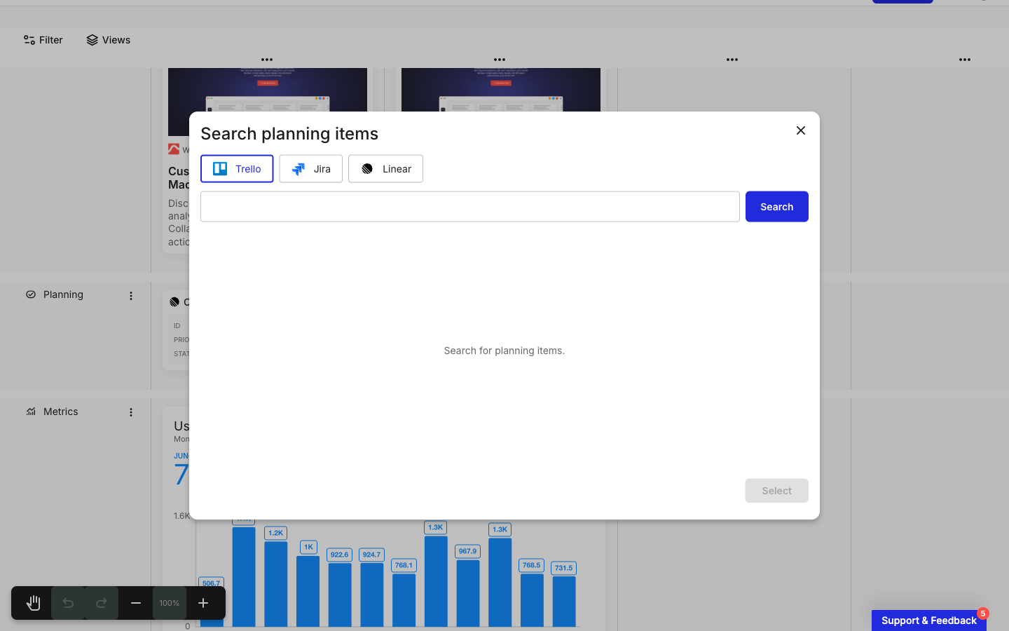 The Search planning items modal open over a journey map. A row of tabs reads Trello (selected), Jira, and Linear. Below is a search field with a blue Search button, an empty state reading Search for planning items, and a greyed-out Select button in the bottom-right.