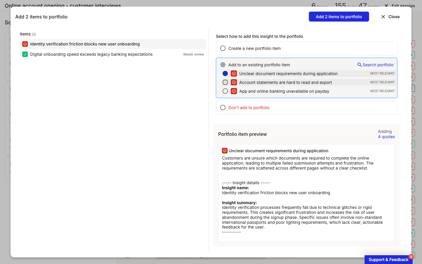 Add to an existing portfolio item selected, listing three suggested items each tagged MOST RELEVANT, with a Search portfolio link and a preview of the chosen item.