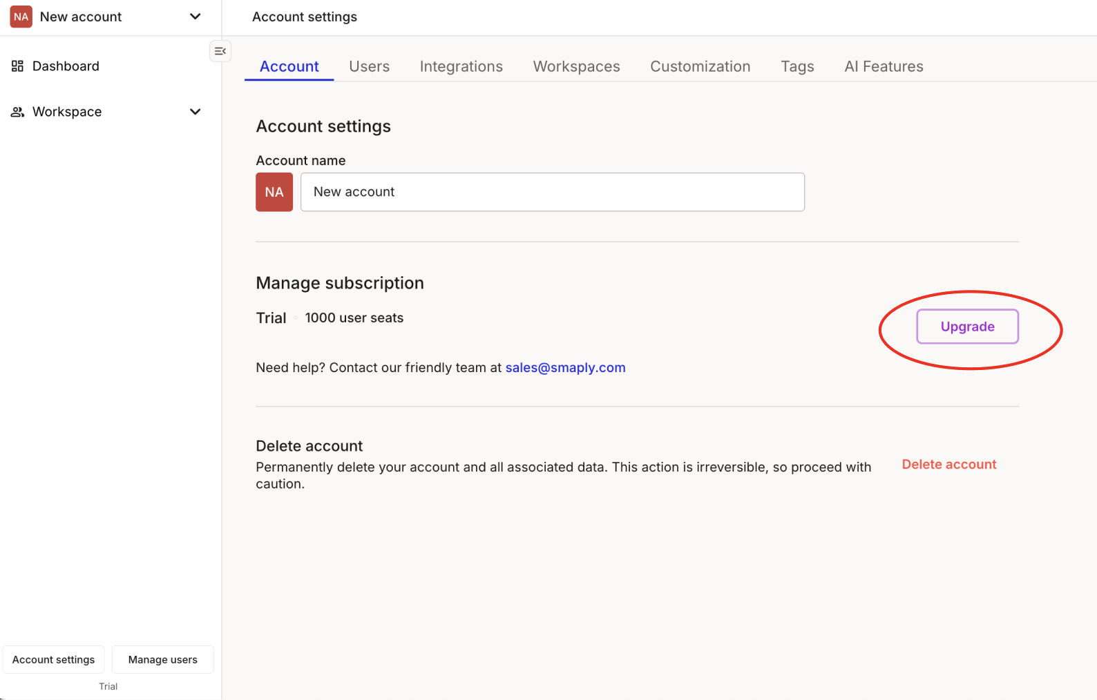 The Upgrade button shown on the current plan in Account settings.