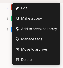 A persona row three-dot menu listing Edit, Make a copy, Add to account library, Manage tags, Move to archive, and Delete.
