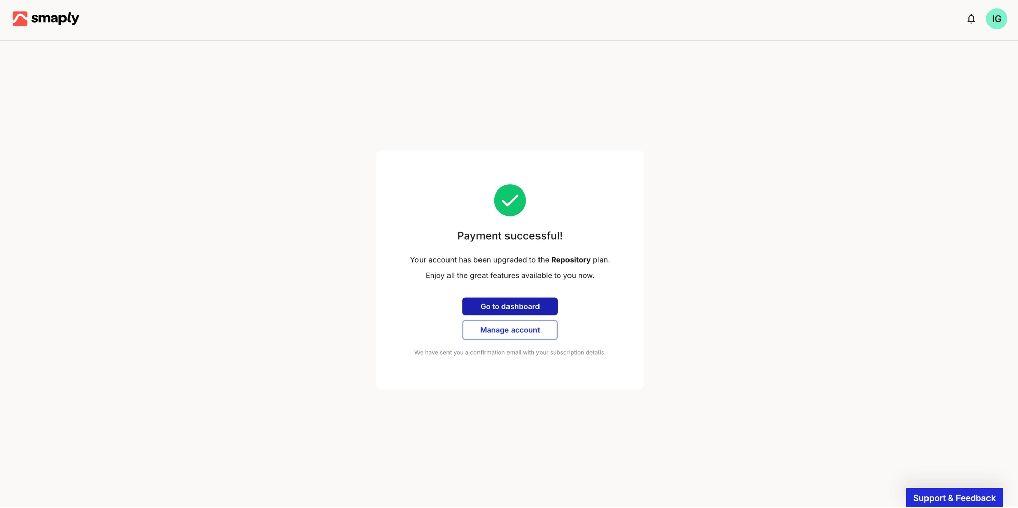 The confirmation screen shown after a successful upgrade payment.