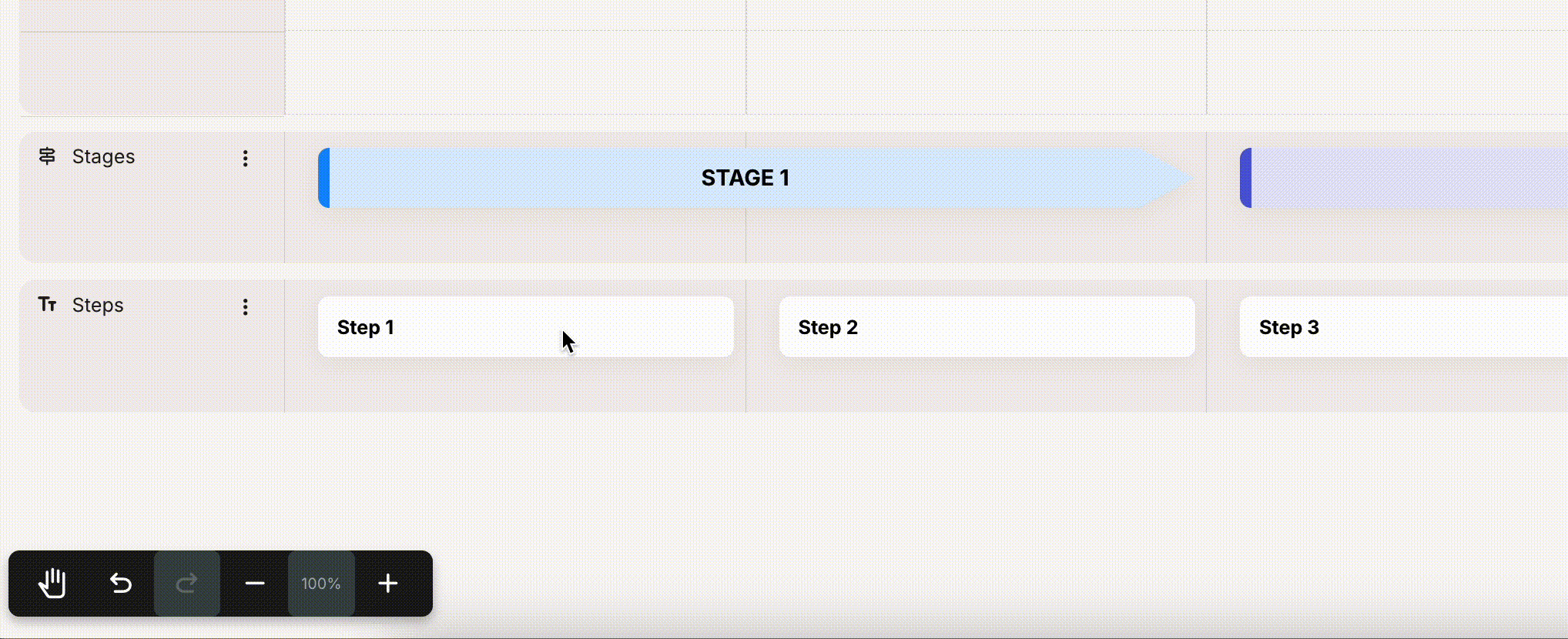 Several cards selected in a journey map, with the bulk action bar appearing at the bottom of the editor to apply an action across the whole selection.