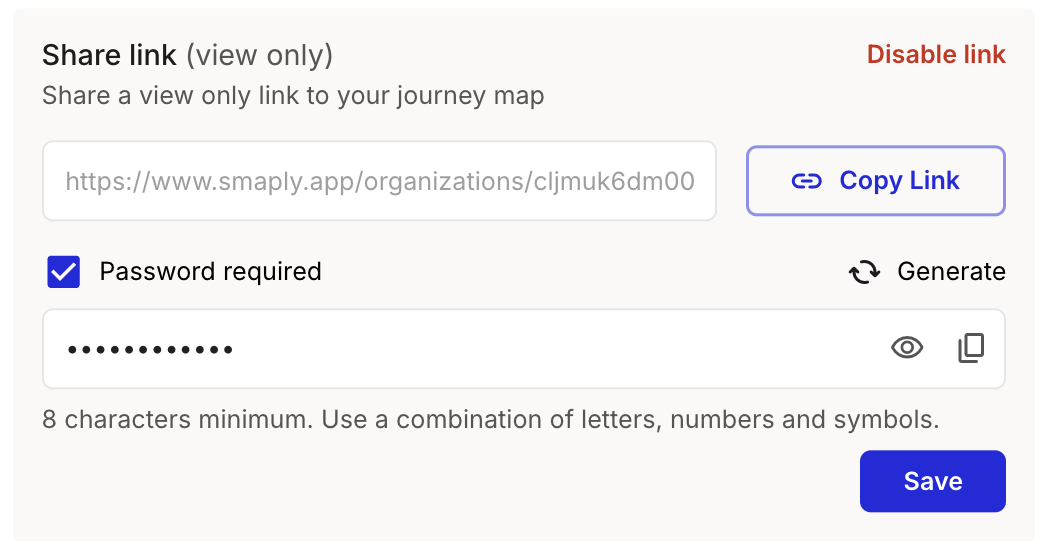 The Share dialog showing the Share link (view only) panel with a read-only URL field, a Copy Link button, a Disable link action, and a warning that anyone with the link can view the journey map.