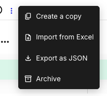The journey map title menu open, showing Create a copy, Import from Excel, Export as JSON, and Archive.