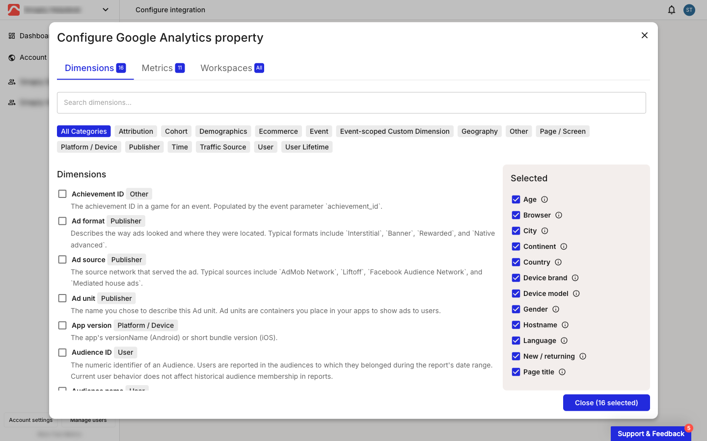 Configure Google Analytics property dialog on the Dimensions tab. A searchable, category-filtered list of GA dimensions sits on the left, each with a checkbox and description, and a Selected panel on the right lists the chosen dimensions such as Country, Device model, and Page title.