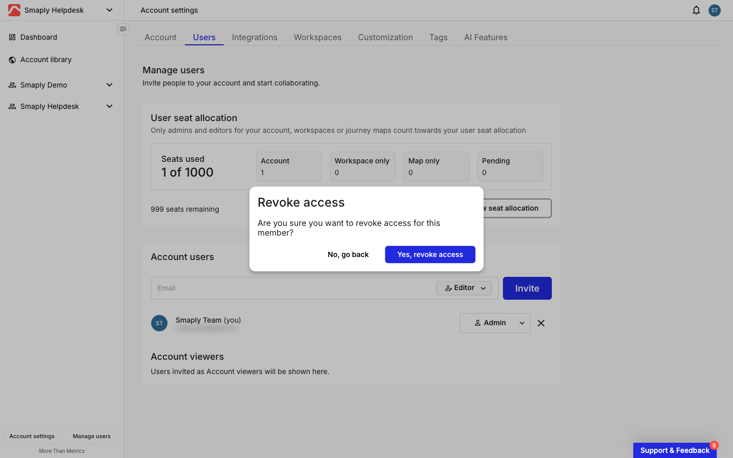 The Account settings Users tab with the Revoke access confirmation dialog open. The dialog asks Are you sure you want to revoke access for this member, with a No, go back button and a Yes, revoke access button.