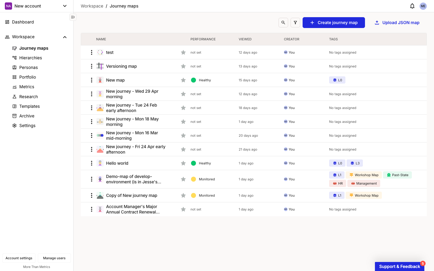 The persistent left sidebar of a workspace, with the Account name at the top and the workspace expanded to show Dashboard, Journey maps, Personas, Portfolio, Metrics, Research, Templates, Archive, and Settings. The plan area sits at the bottom.