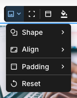 The image card toolbar with its left-most dropdown open, listing Shape, Align, and Padding (each with a submenu arrow) and a Reset action below them.