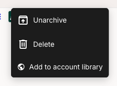 The workspace Archive view filtered to the Personas category. An archived persona row has its three-dot menu open, showing only three actions: Unarchive, Delete, and Add to account library.