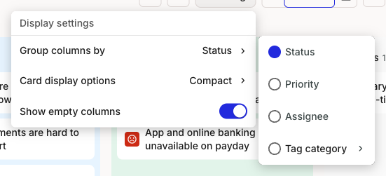 The Board Display settings menu open with the Group columns by submenu expanded, listing Status, Priority, Assignee, and Tag category. Status is selected.