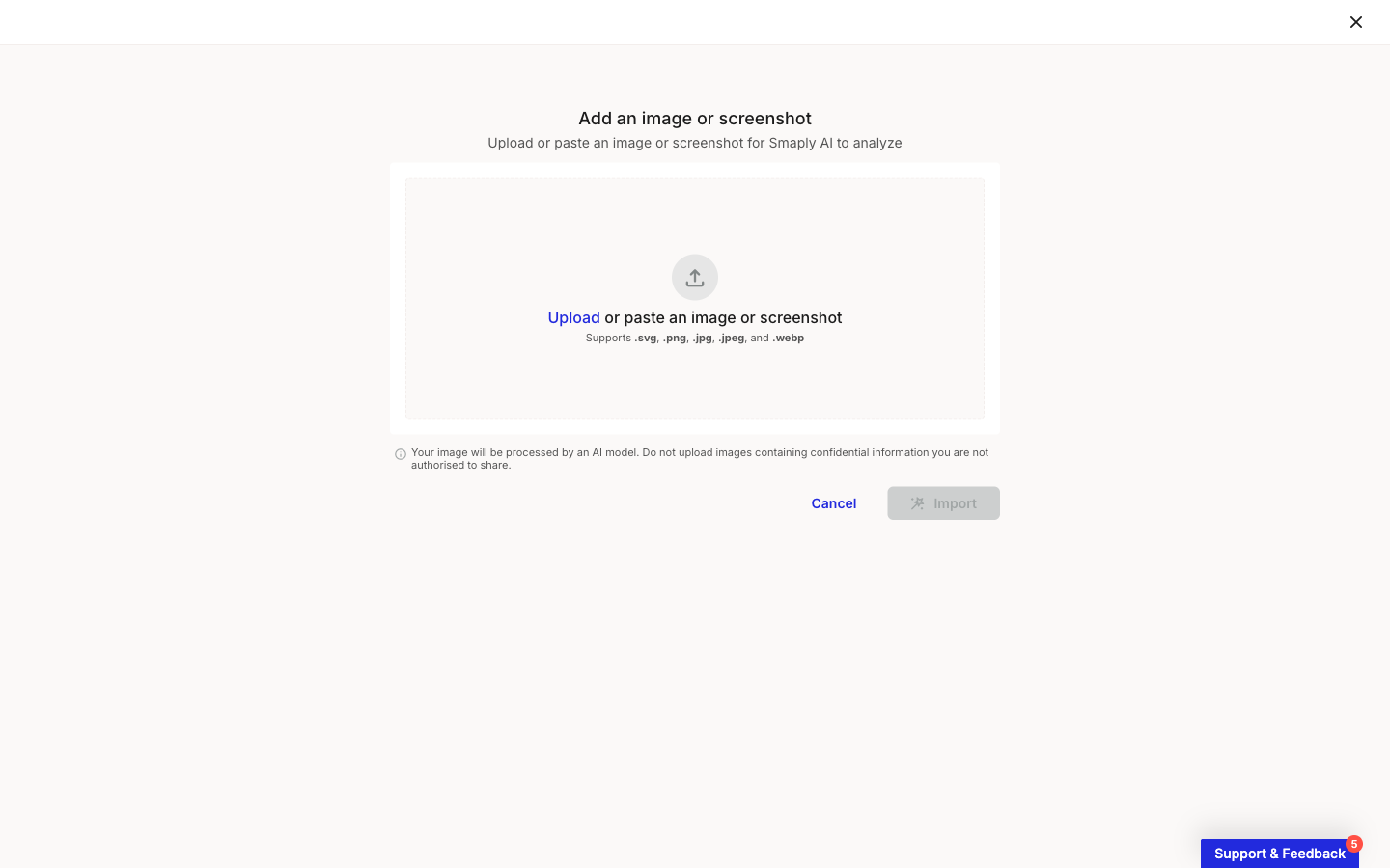 The Add an image or screenshot step with a dropzone for uploading or pasting an image, a note listing supported formats, and an Import button.