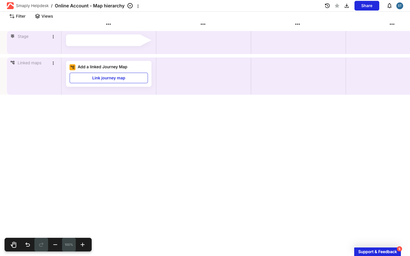 A new, empty hierarchy map open in the editor. It has a Stage lane at the top and a Linked maps lane below, where an empty cell shows an Add a linked Journey Map prompt with a Link journey map button.