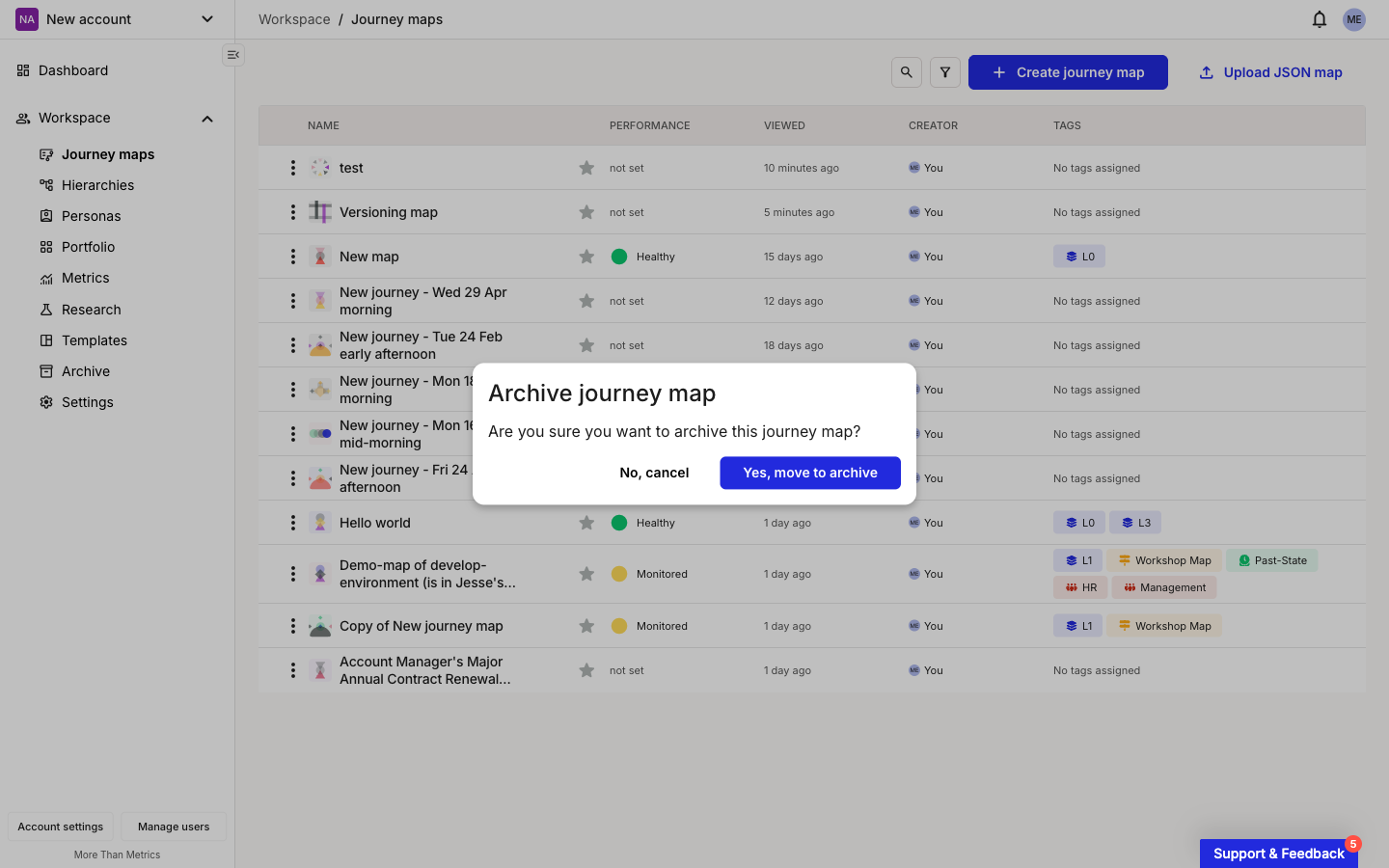 The Archive journey map confirmation modal. The body reads 'Are you sure you want to archive this journey map?' with buttons labelled No, cancel and Yes, move to archive.