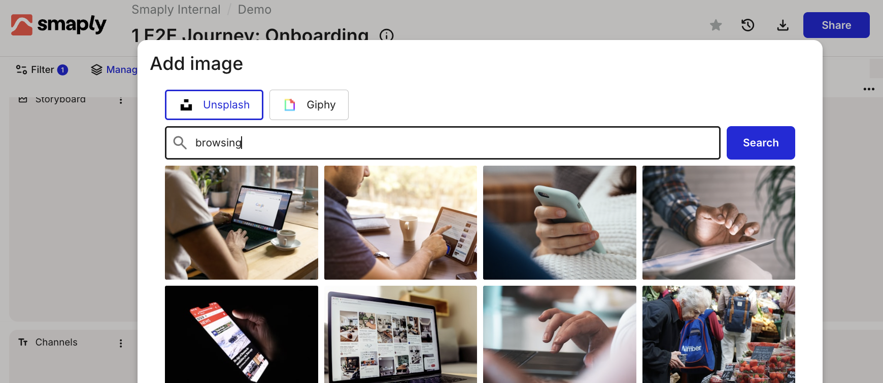 Image picker with upload, drag and drop, Giphy, and Unsplash options