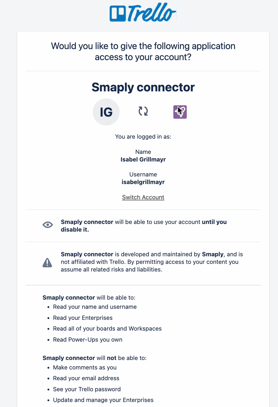 Trello authorization screen asking whether to give the Smaply connector app access to your account. It lists the read-only permissions the connector will have, such as reading your boards and Workspaces, and the actions it will not be able to take, such as making comments or seeing your email.
