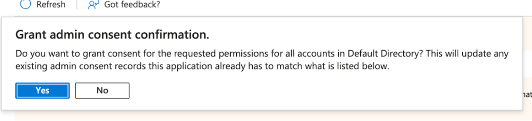 Azure Grant admin consent confirmation dialog asking whether to grant consent for the requested permissions for all accounts in the directory, with Yes and No buttons.