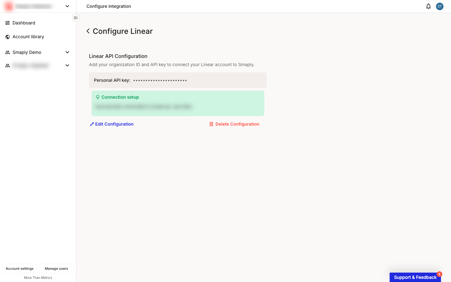 The Configure Linear page in Smaply showing a connected integration. A masked Personal API key is listed, with a green Connection setup callout confirming the account is connected to Linear, and Edit Configuration and Delete Configuration actions below.