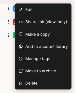 An open three-dot row menu on the Personas list with seven actions in order: Edit, Share link (view-only), Make a copy, Add to account library, Manage tags, Move to archive, Delete.