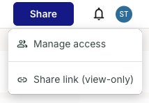 The Share menu open on a journey map, showing Manage access and Share link (view-only).