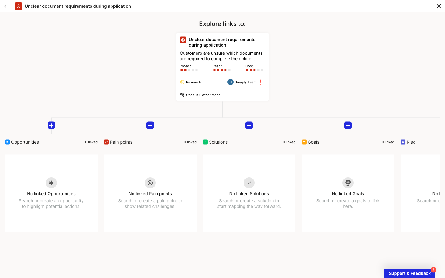 The Explore links to view for a portfolio item, with a column for each portfolio item type in the workspace and a plus button on each column to add a linked item.
